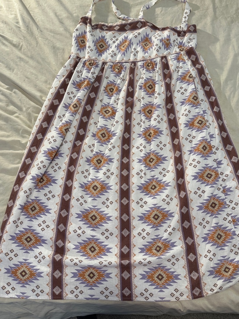 Smocked Strap Midi Dress in White with Brown & Lavender Aztec Print